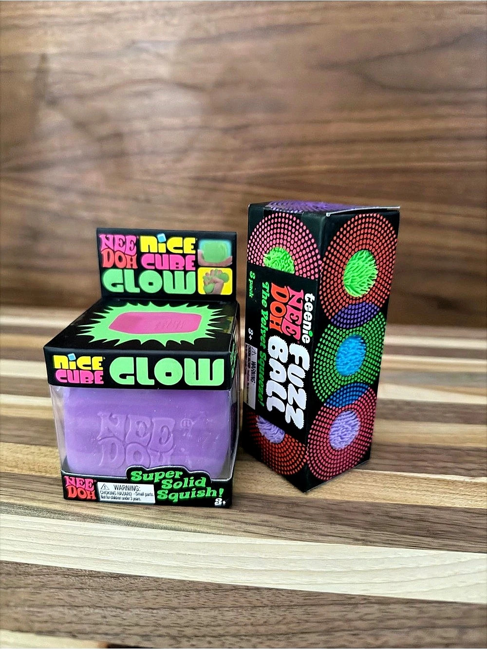 Bundle of 2 NeeDoh - Glow Nice Cube and Teenie Fuzz Balls
